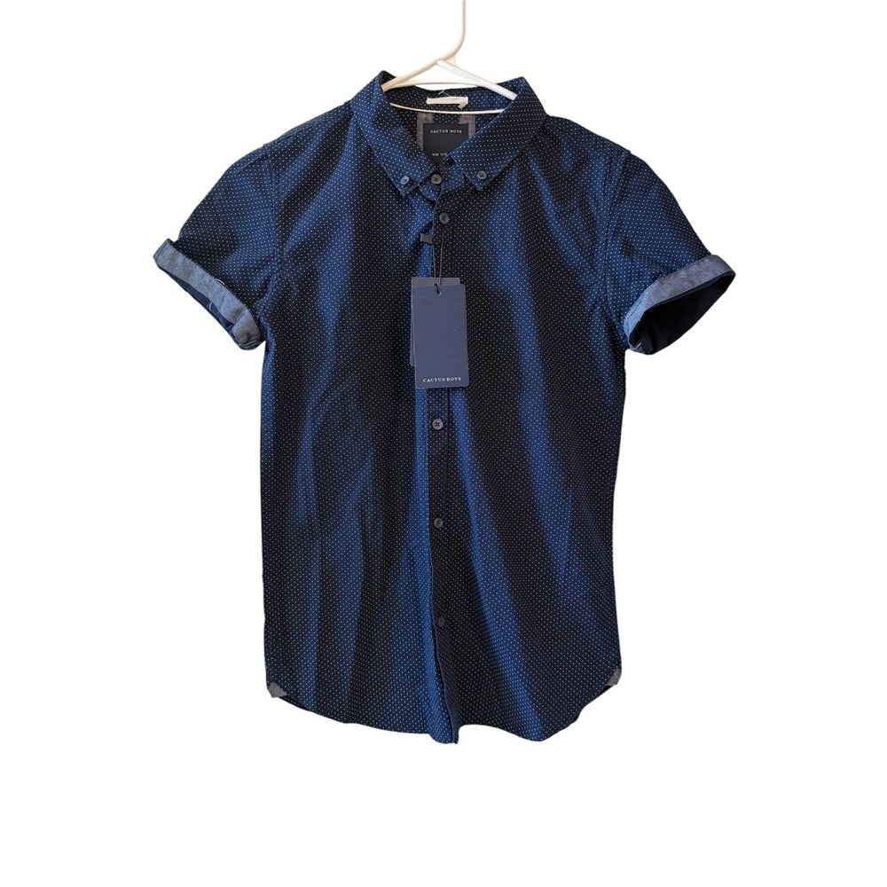 Boys Cactus Boys Navy Polka Dot Button Down Shirt Size 11/12 NWT Short Sleeve